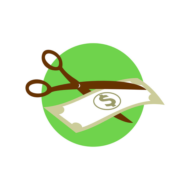 Ilustração de estilo retro de par de tesouras cortando nota de dólar ao meio para simbolizar o corte de custos em fundo isolado
. - Vetor, Imagem