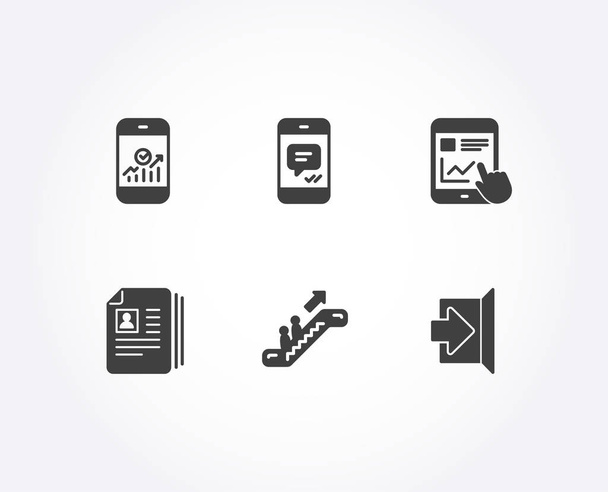 Set of Internet report, Message and Smartphone statistics icons. Escalator, Cv documents and Exit signs. Web tutorial, Phone messenger, Mobile business. Elevator, Portfolio files, Escape. Vector - Vector, Image