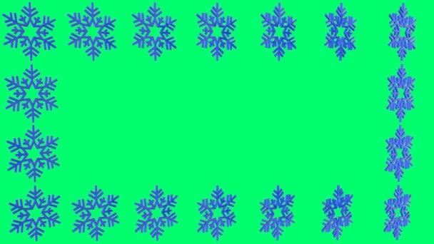 A kék több hópelyhek absztrakt térbeli alakját forog körül a saját forgástengely üres hely tartalmát 4k, elszigetelt egy zöld háttér - Felvétel, videó