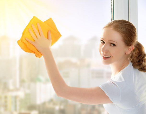 glückliches Mädchen Hausfrau wäscht ein Fenster - Foto, Bild