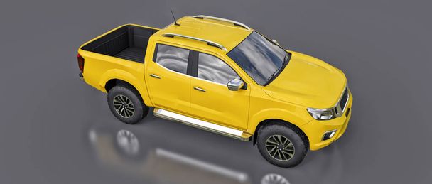Nákladní automobil žlutá užitkového vozidla s dvojitou kabinou. Stroj bez odznaky s čistým prázdné tělo přizpůsobí vaše logy a značkami. 3D vykreslování - Fotografie, Obrázek