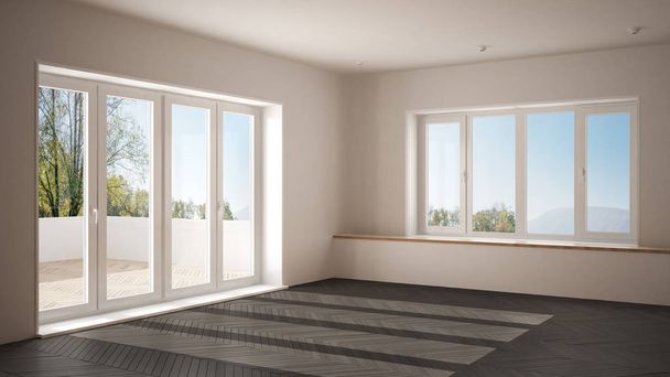Moderní prázdný prostor s velkými okny a dřevěné podlahy, minimalistické bílé a šedé architektura interiér design - Fotografie, Obrázek