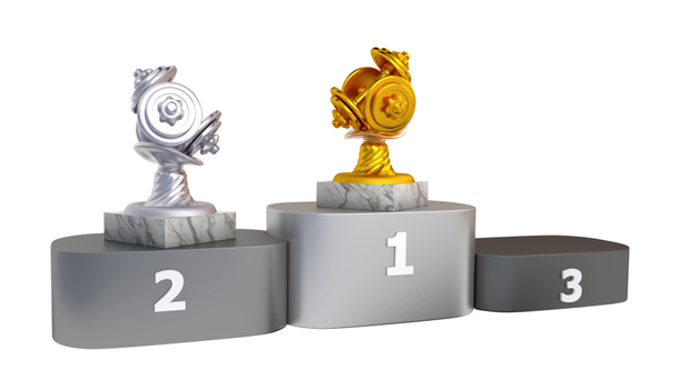 Dumbbell Gold Silver and Bronze Trophies with Marble Bases Appear on Podium with white background - Footage, Video