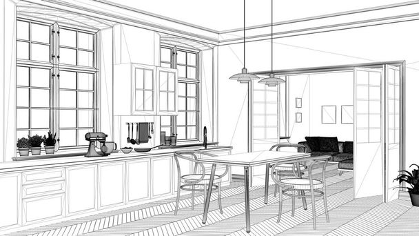 Εσωτερικό σχεδιασμό έργου, μαύρο και λευκό μελάνι σκίτσο, αρχιτεκτονική σχεδιάγραμμα δείχνει σύγχρονη κουζίνα με τραπέζι φαγητού - Φωτογραφία, εικόνα