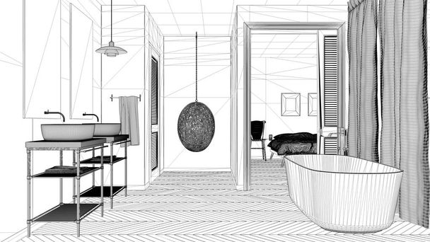 Εσωτερικό σχεδιασμό έργου, μαύρο και λευκό μελάνι σκίτσο, αρχιτεκτονική σχεδιάγραμμα δείχνει μοντέρνο μπάνιο με μπανιέρα και υπνοδωμάτιο - Φωτογραφία, εικόνα