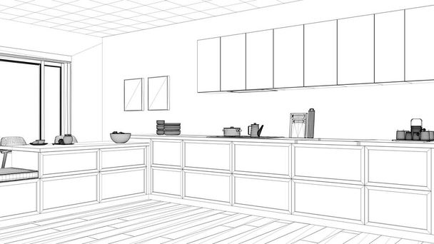 Interior design project, black and white ink sketch, architecture blueprint showing minimalist kitchen - Photo, Image