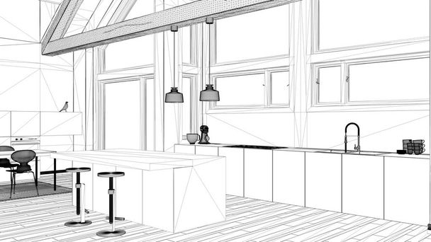 Interior design projekt, fekete-fehér festék vázlat, építészeti terv találat modern konyha fából készült tető - Fotó, kép