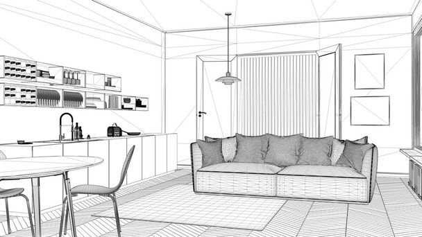 Proyecto de diseño de interiores, boceto de tinta en blanco y negro, diseño arquitectónico que muestra la cocina contemporánea con sofá y alfombra
 - Foto, Imagen