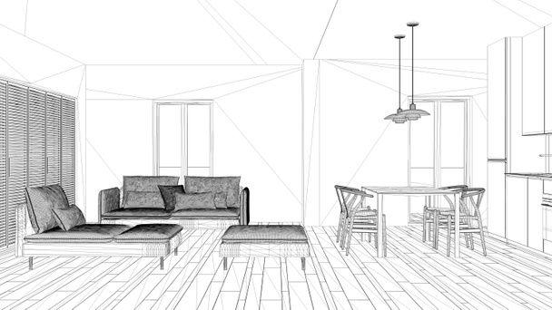 Interieur project, zwarte en witte inkt schets, het platform blauwdruk weergegeven: moderne woonkamer met keuken - Foto, afbeelding