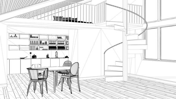 Projektowanie wnętrz projekt, czarno-biały atrament szkic, architektura blueprint wyświetlone nowoczesna kuchnia, antresola ze schodami - Zdjęcie, obraz
