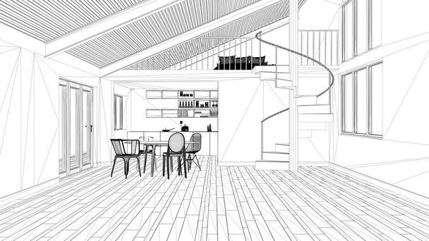 Projet de design d'intérieur, croquis à l'encre noire et blanche, plan d'architecture montrant une cuisine moderne avec escalier et mezzanine
 - Photo, image