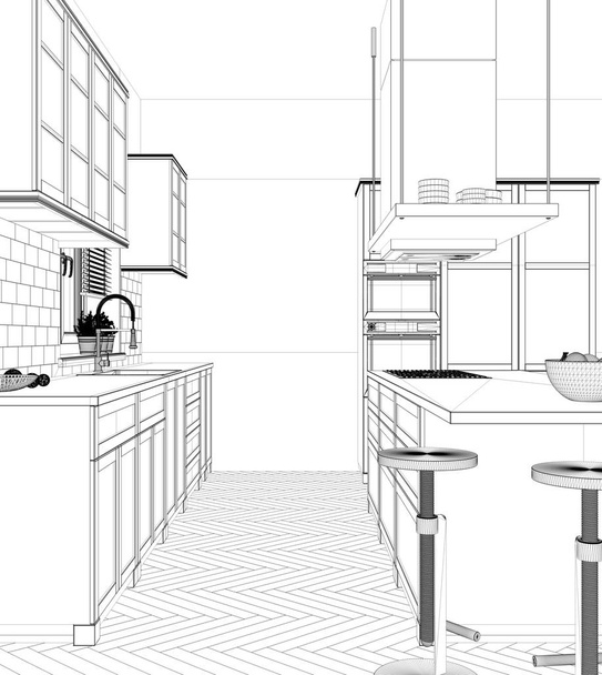 Проект интерьера, черно-белый чернильный эскиз, архитектурный проект, показывающий современную кухню с островом и стульями
 - Фото, изображение
