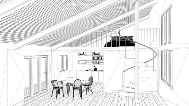 Proyecto de diseño de interiores, boceto de tinta en blanco y negro, diseño arquitectónico que muestra una cocina moderna con escalera y entresuelo
 - Foto, Imagen
