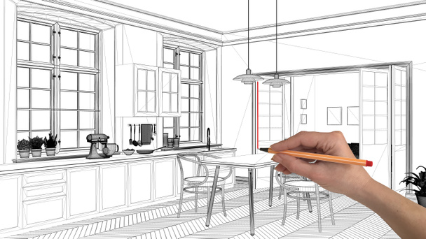 Concepto de proyecto de diseño de interiores, dibujo a mano arquitectura personalizada, boceto de tinta en blanco y negro, plano que muestra la cocina escandinava con mesa de comedor
 - Foto, imagen