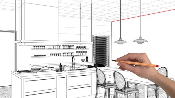 Концепція дизайну інтер'єру, малювання рук нестандартна архітектура, чорно-білий ескіз чорнила, креслення, що показує сучасну кухню з обіднім столом
 - Фото, зображення