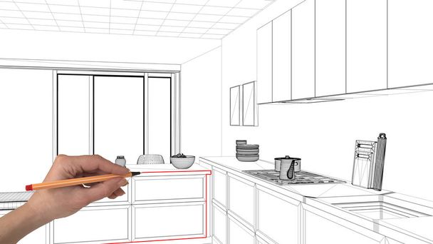 Εσωτερικό σχεδιασμό έργου έννοια, χέρι σχέδιο αρχιτεκτονική συνήθειας, μαύρο και λευκό μελάνι σκίτσο, σχεδιάγραμμα δείχνει ελάχιστη κουζίνα - Φωτογραφία, εικόνα