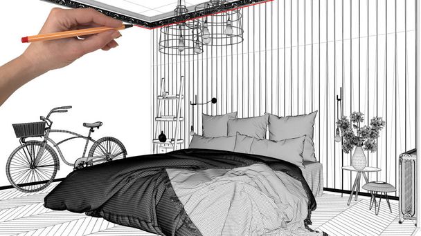Concepto de proyecto de diseño de interiores, dibujo a mano arquitectura personalizada, boceto de tinta en blanco y negro, plano que muestra el dormitorio clásico escandinavo
 - Foto, Imagen
