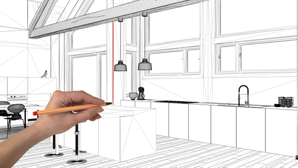 Concepto de proyecto de diseño de interiores, dibujo a mano arquitectura personalizada, boceto de tinta en blanco y negro, plano que muestra la cocina moderna en altillo
 - Foto, Imagen