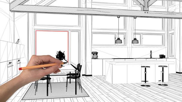 Concepto de proyecto de diseño de interiores, dibujo a mano arquitectura personalizada, boceto de tinta en blanco y negro, plano que muestra la cocina moderna en altillo
 - Foto, Imagen