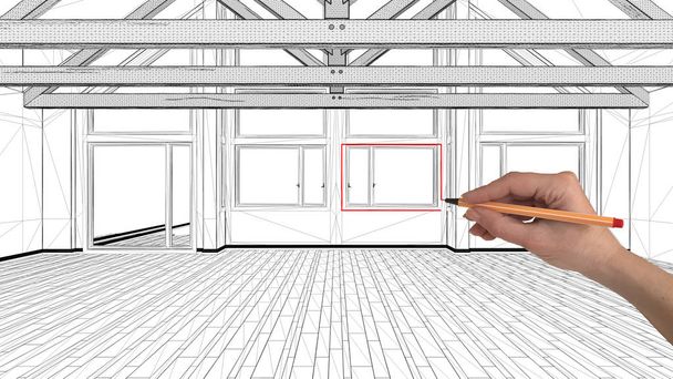 Concepto de proyecto de diseño de interiores, dibujo a mano arquitectura personalizada, boceto de tinta en blanco y negro, plano que muestra altillo entrepiso vacío
 - Foto, Imagen