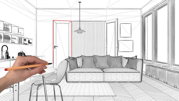 Interior design projekt fogalma, kézzel egyéni építészet, fekete és fehér festék vázlat, tervrajz találat modern nappali, konyha - Fotó, kép