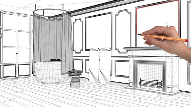 Koncepce projektu design interiéru, ruční kreslení vlastní architektury, černobílý inkoust skica, plán zobrazeno klasické koupelny s krbem - Fotografie, Obrázek