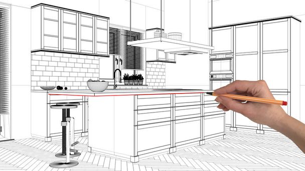 Εσωτερικό σχεδιασμό έργου έννοια, χέρι σχέδιο αρχιτεκτονική συνήθειας, μαύρο και λευκό μελάνι σκίτσο, σχεδιάγραμμα δείχνει μοντέρνα κουζίνα με το νησί - Φωτογραφία, εικόνα