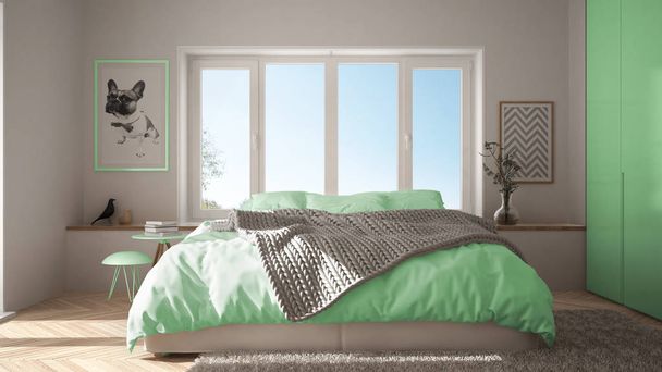 Skandinávské bílé a zelené minimalistická ložnice s panoramatické okno, kožešinové koberce a rybí parkety, moderní pastelové architektura interiér design - Fotografie, Obrázek