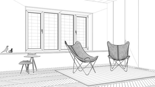 Sisustussuunnittelu hanke, musta ja valkoinen muste luonnos, arkkitehtuuri suunnitelma osoittaa minimaalinen olohuone nojatuoli matto, parkettilattia ja ikkuna, skandaali arkkitehtuuri
 - Valokuva, kuva