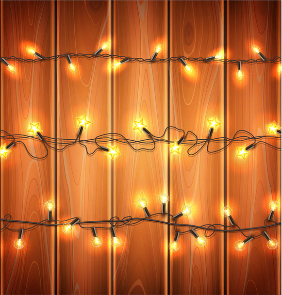 Vector christmas lights, realistic garland on wood - ベクター画像