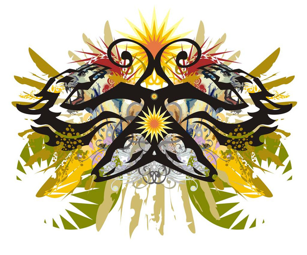  Motivos africanos salpicaduras de mariposas étnicas. Inusual mariposa abstracta creada por las cabezas de dragones y las cabezas de caballos con coloridos elementos florales, plumas de águila, el sol decorativo
  - Vector, imagen