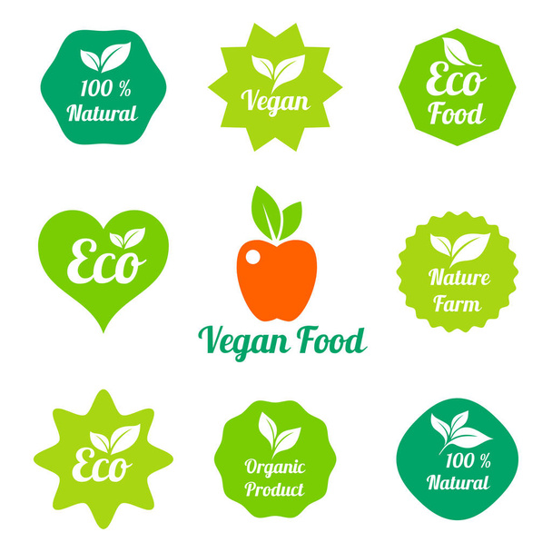 Żywność ekologiczna, świeże i naturalne naklejki produktowe i kolekcje odznaki dla rynku żywności, ecommerce, promocja produktów ekologicznych. Ilustracja stempla. - Wektor, obraz