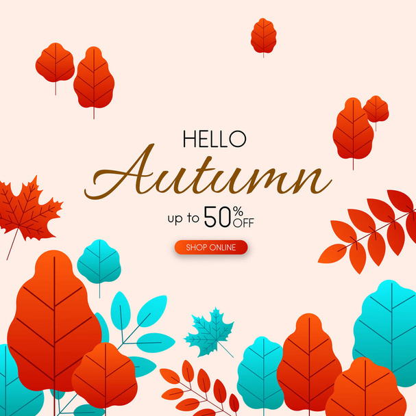 Herfstbladeren tot 50% korting te koop, promotie kaart met kleur - Vector, afbeelding