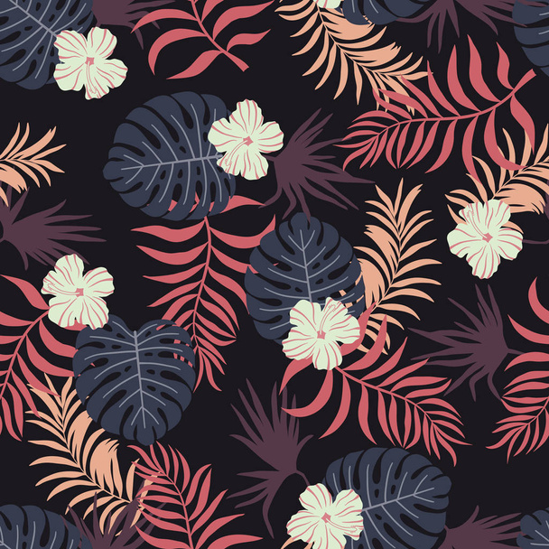 Тропический фон с пальмовыми листьями и цветами. Бесшовный цветочный узор
.  - Вектор,изображение