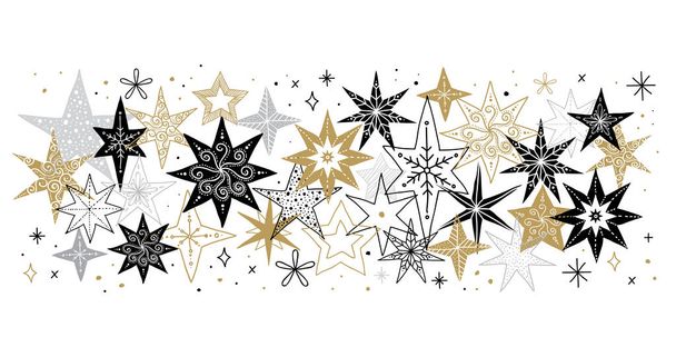 elegante frohe Weihnachten Hintergrund, Banner und Grußkarte, Sammlung von Schneeflocken, Sterne, Weihnachtsdekoration, handgezeichnete Illustration - Vektor, Bild