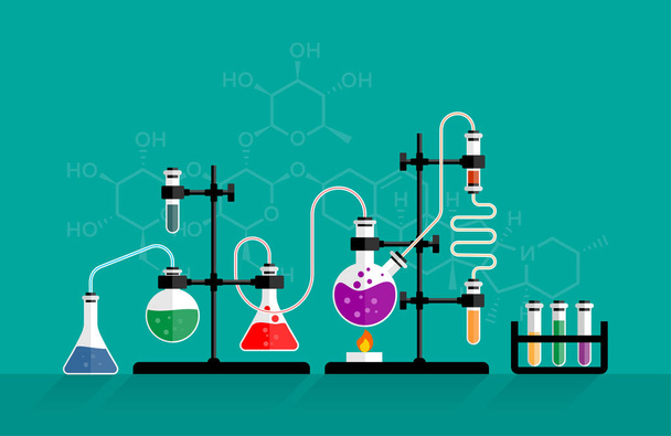 Chemistry lab and science equipment. Chemical experiment. Glass flasks with solution in research laboratory. Concepts for web banner and promotional material. Illustration in flat style. - Vector, Image