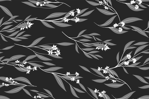 Eucalyptus Vector. Monochrome Seamless Pattern with Vector Leaves, Branches and Floral Element. Elegant Background for Rustic Wedding Design, Fabric, Textile, Dress. Eucalyptus Vector in Vintage Style - Wektor, obraz