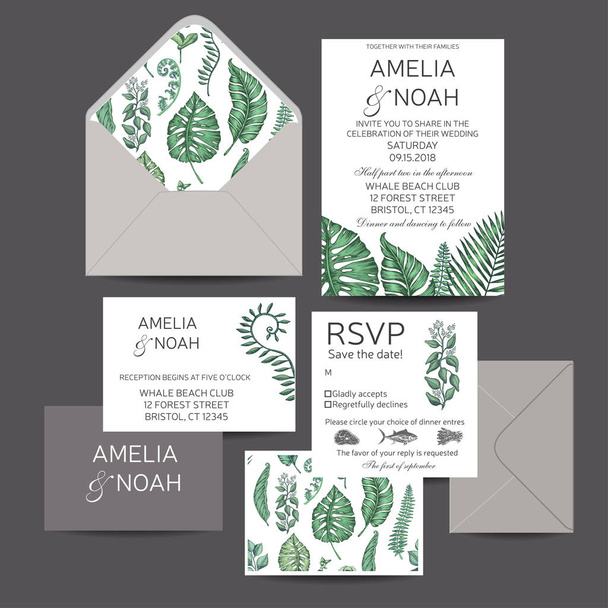 Wedding invitation with vector illustration of exotic palm leaves. - Wektor, obraz