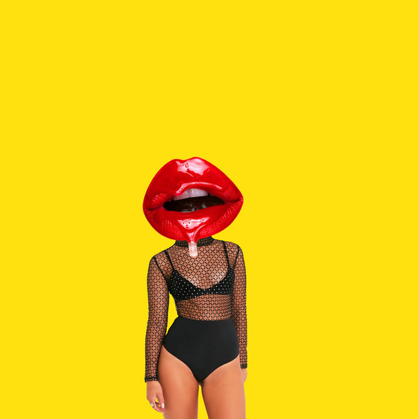 Contemporary art collage. Concept sexy woman with red glossy lips as a head on yellow background. - Foto, immagini