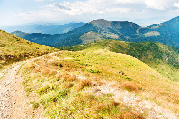 Дорога в горах с голубыми вершинами вдалеке
 - Фото, изображение