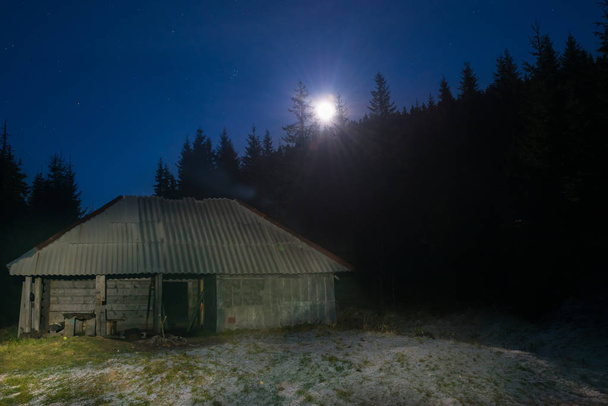 Vieille maison en forêt la nuit avec lumière lunaire et étoiles sur ciel bleu foncé
 - Photo, image