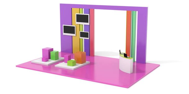 pink 3D Exhibition stand on white, promotion - Photo, Image