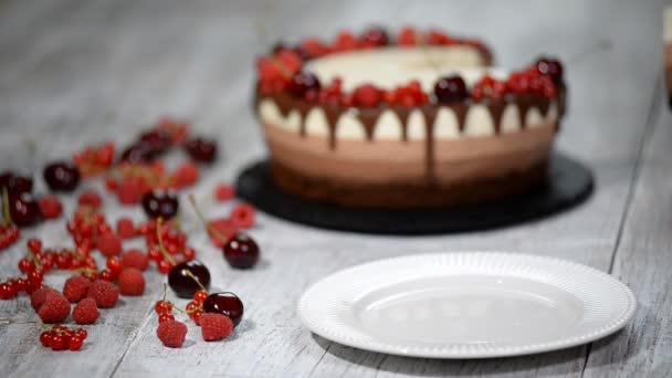 Piece of delicious three chocolate mousse cake decorated with fresh berry. - Footage, Video