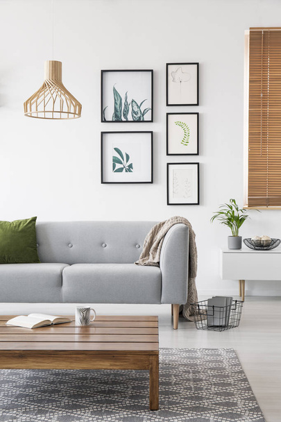 Posters on a wall in a living room interior with a sofa and low coffee table. Real photo - Fotografie, Obrázek
