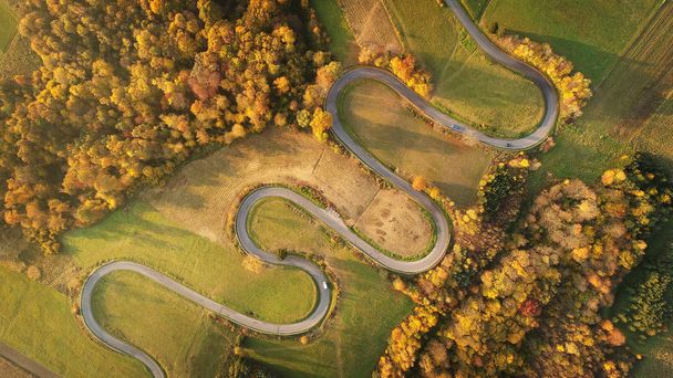 Vista aérea de la carretera con curvas entre paisajes autimnales
 - Foto, Imagen