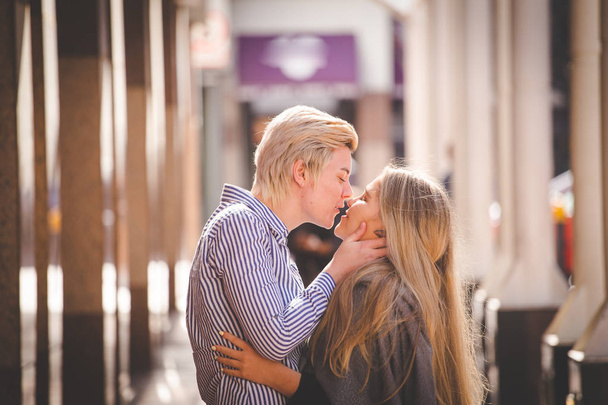 Close up image of lesbian couple kissing  in the Cape Town South Africa city Center - Фото, зображення