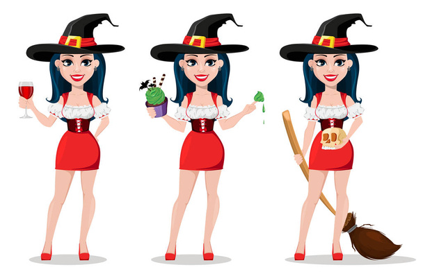 Vrolijke Halloween. Sexy heks in mooie jurk en muts, set van drie houdingen. Schattige cartoon karakter glas wijn houden, houden van taart en bezem te houden. Vectorillustratie - Vector, afbeelding