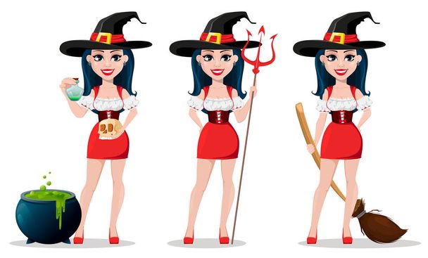 Happy Halloween. Sexy witch in beautiful dress and hat, set of three poses. Cute cartoon character preparing potion, holding trident and holding broom. Vector illustration - Vector, Image