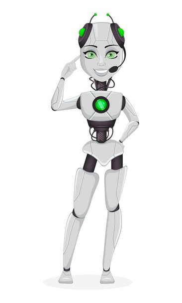 Ρομπότ με τεχνητή νοημοσύνη, θηλυκό bot. Χαριτωμένα κινούμενα σχέδια χαρακτήρα δείχνει στο κεφάλι της. Ανθρωποειδές κυβερνητικό οργανισμό. Μελλοντικών έννοια. Εικονογράφηση διάνυσμα - Διάνυσμα, εικόνα