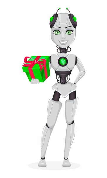 Robot avec intelligence artificielle, robot femelle. Mignon personnage de dessin animé tenant boîte cadeau. Organisme cybernétique humanoïde. Concept futur. Illustration vectorielle
 - Vecteur, image